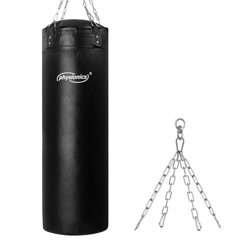 𝐏𝐡𝐲𝐬𝐢𝐨𝐧𝐢𝐜𝐬® Boxsack für Erwachsene - Gefüllt, 100cm/120cm, 27kg/30kg, Vierpunkt-Stahlkette - Punchingsäcke, Sandsack hängend, Punching Bag, Kickboxen, MMA, Kampfsport, Muay Thai, (120cm) von Physionics