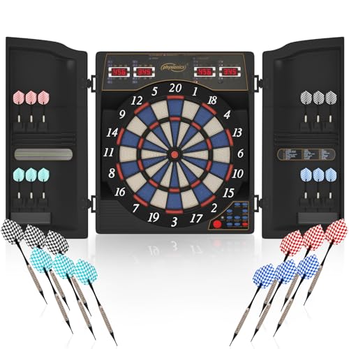 Physionics® Elektronische Dartscheibe - viele Spiele, mehr als 100 Spielvarianten, 12 Dartpfeile, 100 Ersatzspitzen, Netzteil, bis 16 Spieler, 3 Modelle (Modell 2 - Quadratische Form mit Türen) von Physionics