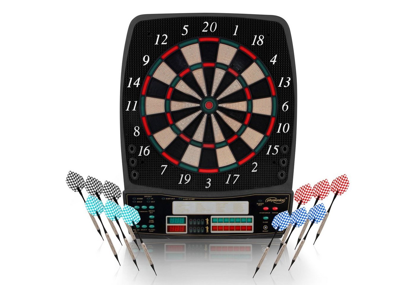 Physionics Dartscheibe Dart-Scheibe Elektronisch 12 Soft Pfeile E-Dartboard Profi Dartspiel von Physionics