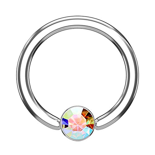 Piercingfaktor BCR Piercing Klemmring Ring Flach mit Kristall Klemm Kugel Septum Nasen Lippen Helix Ohr Tragus Silber Rainbow 1,6mm x 12mm x 5mm von Piercingfaktor