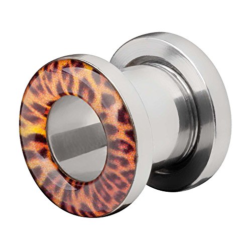 Piercingfaktor Flesh Tunnel Edelstahl Ohr Plug Schraub Piercing Ohrpiercing Tribal Schraubverschluss Leopard Leo Silber Orange 8mm von Piercingfaktor