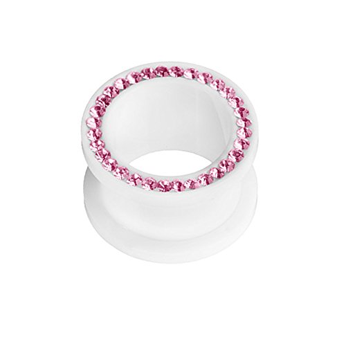 Piercingfaktor Flesh Tunnel Kunststoff Double Flared Rund Ohr Plug Ear Piercing mit farbigen Strass Kristallen Weiß 10mm Pink von Piercingfaktor