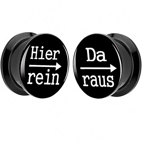 Piersando 1 Paar 2er Set Ohr Plug Piercing Kunststoff Flesh Tunnel Ohrplug mit Hier rein Da Raus Spruch Schwarz Motiv Comic Picture Schwarz 22mm von Piersando