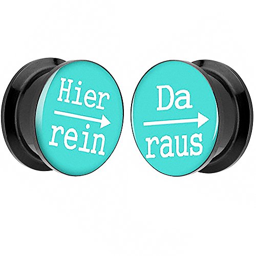 Piersando 1 Paar 2er Set Ohr Plug Piercing Kunststoff Flesh Tunnel Ohrplug mit Hier rein Da Raus Spruch Schwarz Motiv Comic Picture Türkis 25mm von Piersando