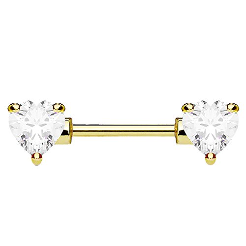 Piersando Brustwarzen Piercing Intimpiercing Nippelpiercing Brust Nippel Intim Brustwarzenpiercing Barbell Stab mit Herz Kristallen 16mm Gold Clear Herz von Piersando