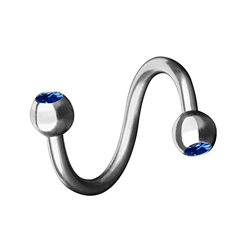 Piersando Piercing Spirale Stab Gebogen Twist Doppel Kristall Kugel für Lippen Lippe Labret Lippenpiercing Ohr Tragus Helix Ohrpiercing Silber Blau 1,2mm x 8mm x 3mm von Piersando