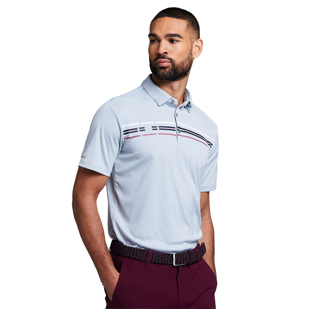 PING Men's Light Grey, White and Black Stylish Stripe Morten Golf Polo Shirt, Size: Large | American Golf von Ping