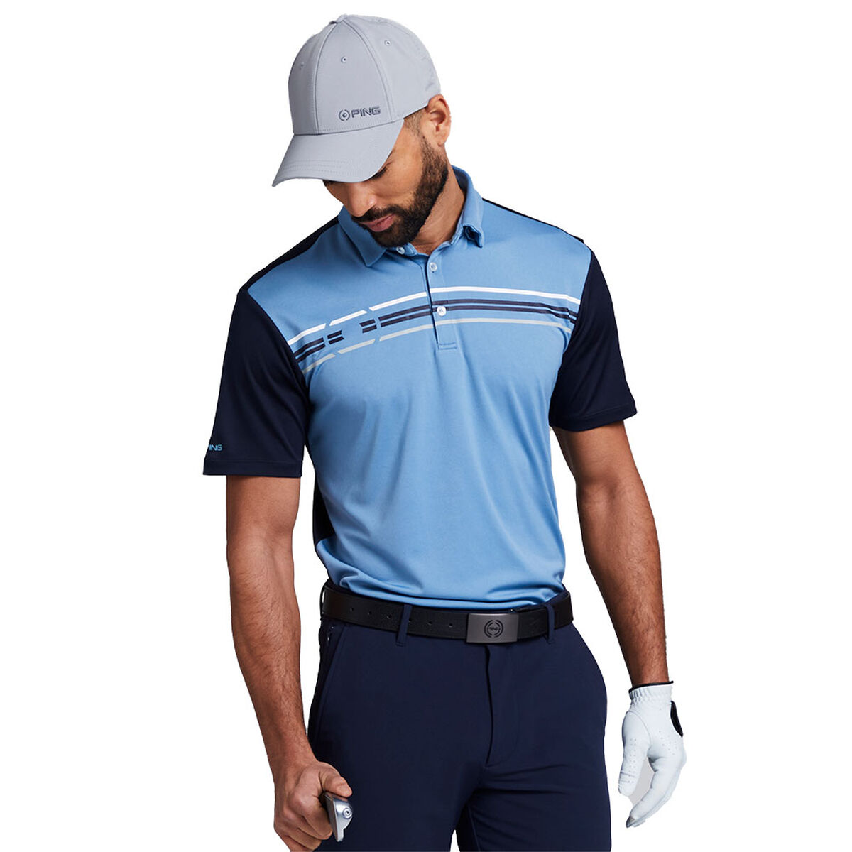 PING Men's Light Blue, White and Navy Blue Stylish Stripe Morten Golf Polo Shirt, Size: Medium | American Golf von Ping