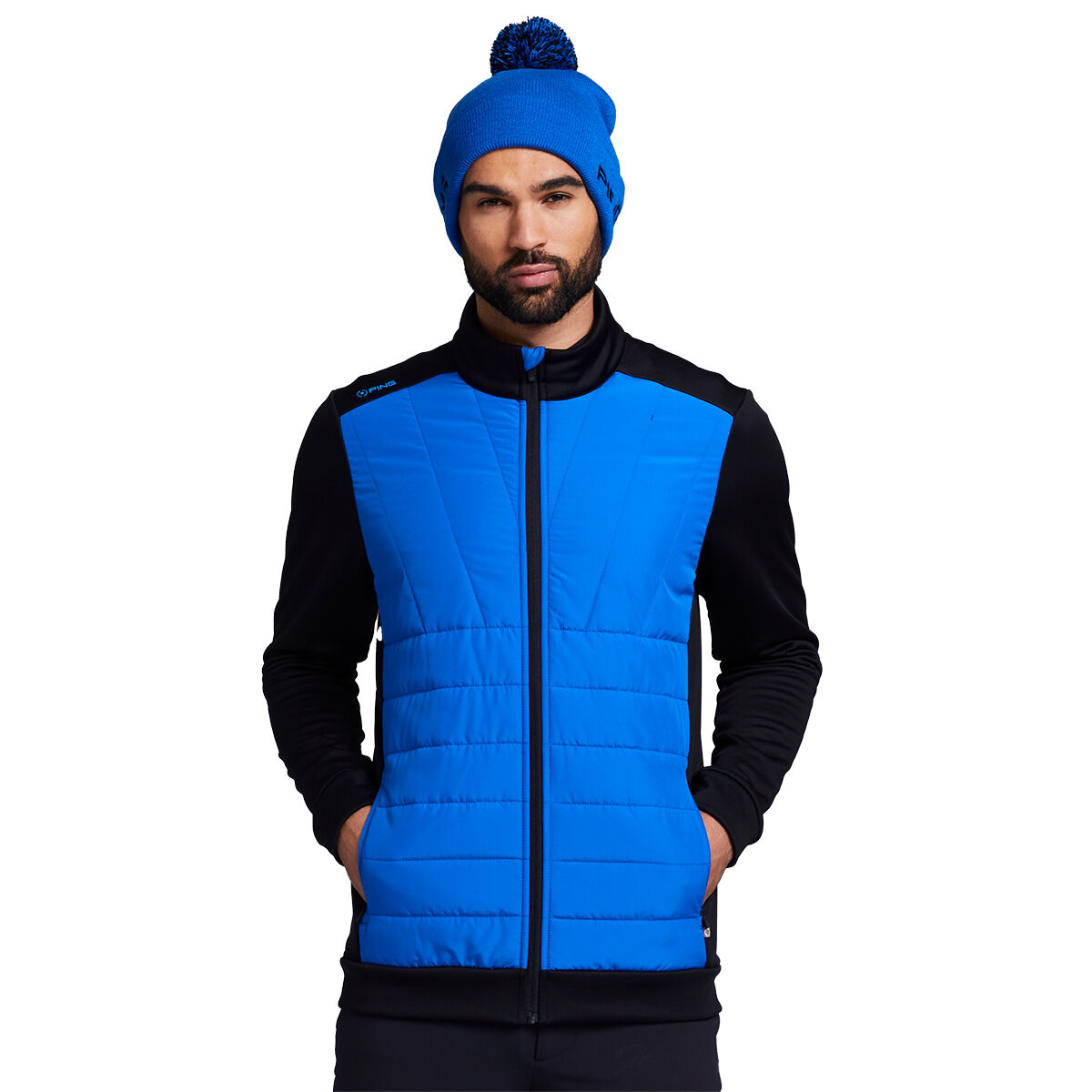 PING Men's Blue and Black Comfortable Colour Block Vernon Hybrid Golf Jacket, Size: Medium | American Golf von Ping