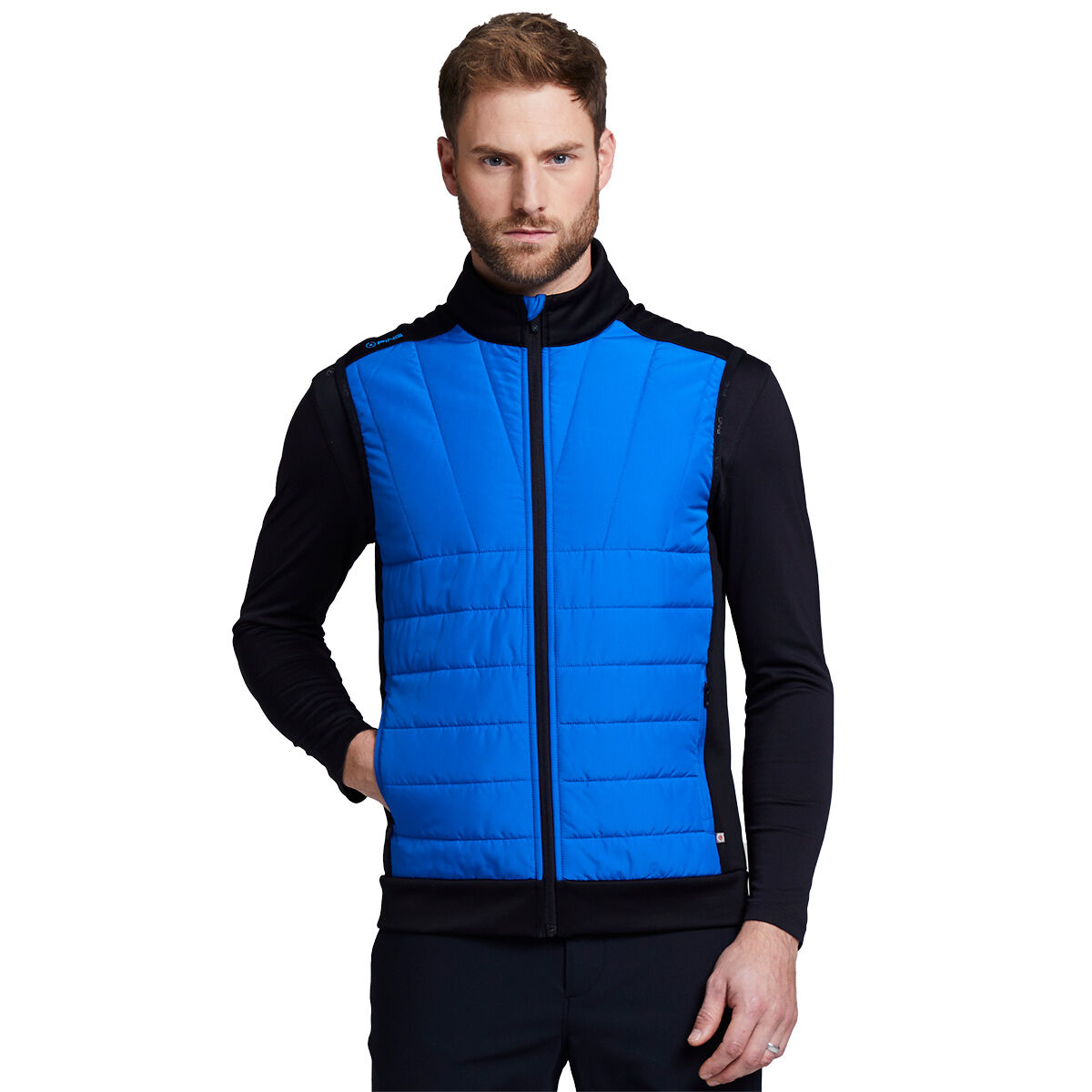 PING Men's Blue and Black Comfortable Quilted Vernon Hybrid Golf Gilet, Size: Small | American Golf von Ping