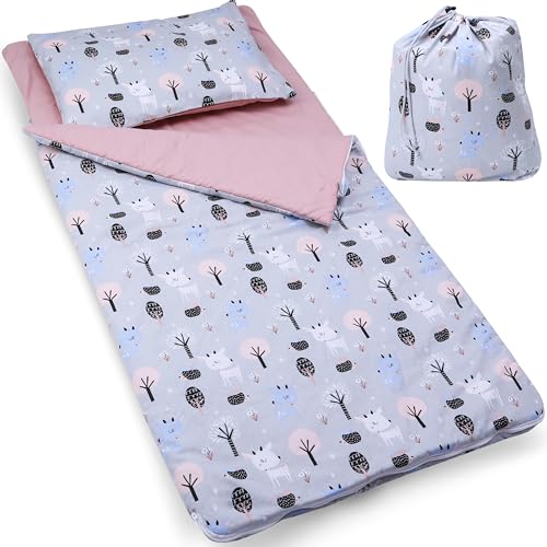 PinkZebra Deckenschlafsack 140 x 75 cm + Kissenbezug 60 x 40 cm für Mädchen & Jungs, Kinderschlafsack mit Baumwoll-Bezug + Kissenbezug, Baumwollschlafsack mit Doppelter Reißverschluss, Bambi von PinkZebra