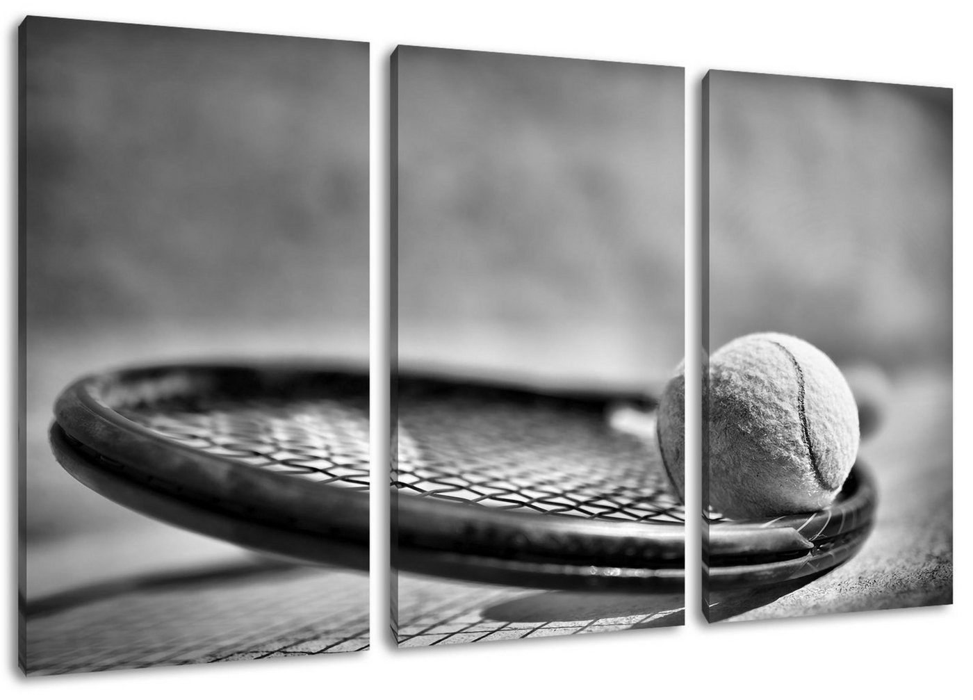 Pixxprint Leinwandbild Tennischläger mit Bällen, Tennischläger mit Bällen 3Teiler (120x80cm) (1 St), Leinwandbild fertig bespannt, inkl. Zackenaufhänger von Pixxprint