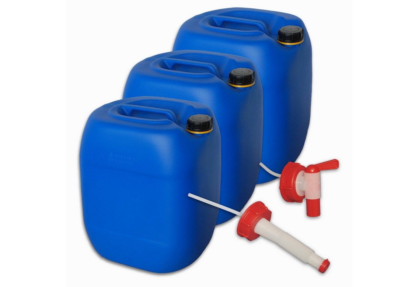 Plasteo Kanister plasteo Set 3 x 30 L Getränke- Wasserkanister mit 1 Hahn + 1 Ausgießer, 3 Kanister + Hahn + Ausgießer von Plasteo