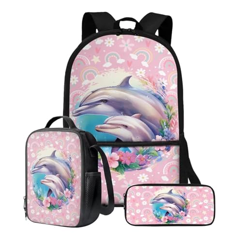 Poceacles Kinder-Rucksack, Büchertaschen-Set, Schultasche mit Lunchtasche, Federmäppchen-Set für Kindergarten, elementare mittlere Büchertaschen, Sea Delphin Pink, Einheitsgröße von Poceacles