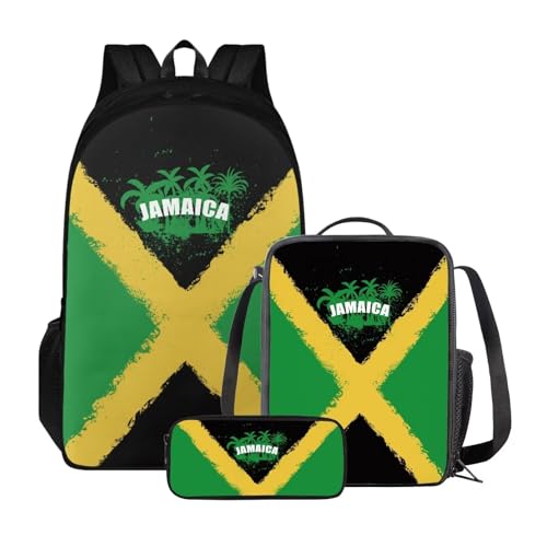 Poceacles Kinder-Rucksack, Schultasche, Lunch-Tasche, Federmäppchen-Set, 3-in-1, primäre Elementar-Büchertasche, leichter Reiserucksack, Jamaika-Flagge, Einheitsgröße von Poceacles