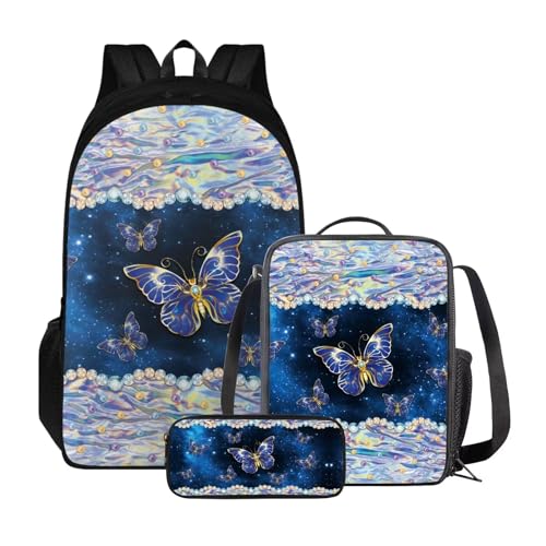 Poceacles Kinder-Rucksack-Set, 3-teilig, Grundschulrucksäcke für Jungen und Mädchen, Büchertasche und Lunchbox, Federmäppchen, Galaxy Butterfly Blue von Poceacles