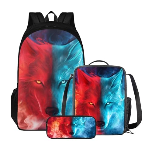 Poceacles Kinder-Rucksack-Set, Lunchtasche und Federmäppchen, leichter Schulrucksack für Kinder, elementare Büchertasche für Schüler, Rot-blauer leuchtender Wolf von Poceacles