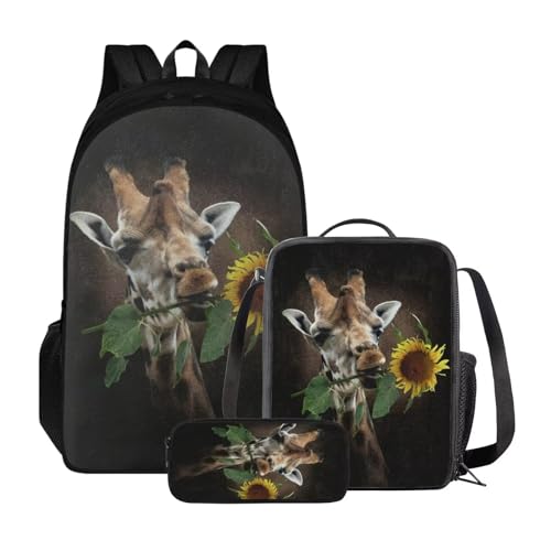 Poceacles Mädchen-Rucksäcke, Schul-Büchertasche mit Lunchbox, Federmäppchen, Schulanfang, 3er-Set, leichter Rucksack für Jungen, Sonnenblumen-Giraffe von Poceacles