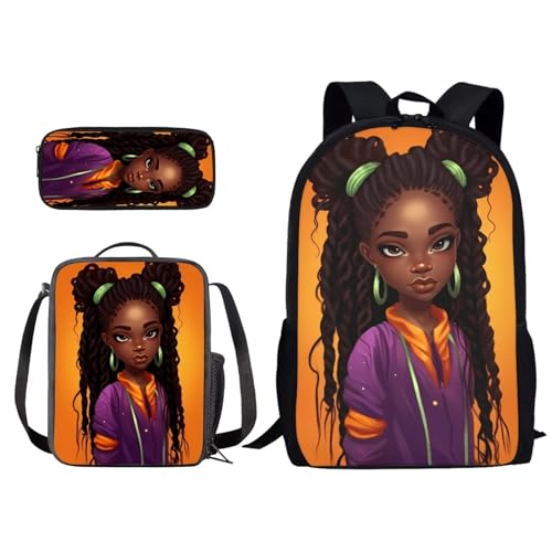 Poceacles Rucksack 3er Set Büchertasche mit Lunchbox Federmäppchen Schulrucksack für Grundschule Grundschule Büchertasche, Afrikanisches Mädchen 7, Einheitsgröße von Poceacles