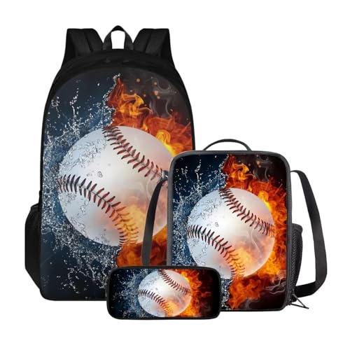 Poceacles Rucksack für 10–12 Jahre alte Schultasche für Mittelschule, leichte Schüler, Büchertasche mit Lunchtasche und Federmäppchen, Baseball-Feuerwasser von Poceacles