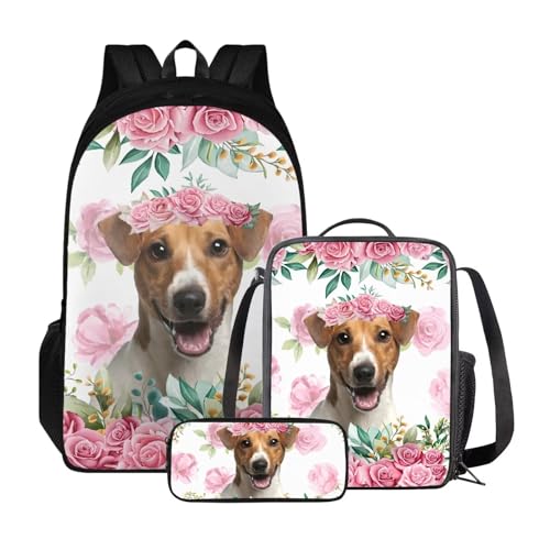 Poceacles Rucksack für 10–12 Jahre alte Schultasche für Mittelschule, leichte Schüler, Büchertasche mit Lunchtasche und Federmäppchen, Jack Russell Terrier Hund von Poceacles