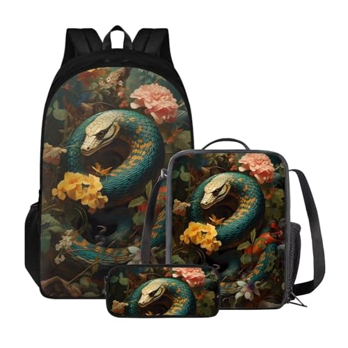 Poceacles Rucksack für 10–12 Jahre alte Schultasche für Mittelschule, leichte Schüler, Büchertasche mit Lunchtasche und Federmäppchen, Schlangenpfingstrose, Blumenmuster von Poceacles