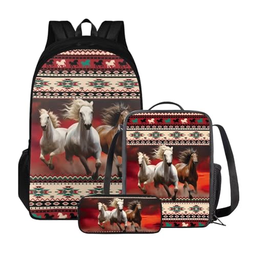 Poceacles Rucksack für Mädchen und Jungen, 3-teiliges Set, Kinderrucksack mit Lunchtasche + Federmäppchen, Schultasche für Grundschule, Aztec Tribal Horse Red von Poceacles
