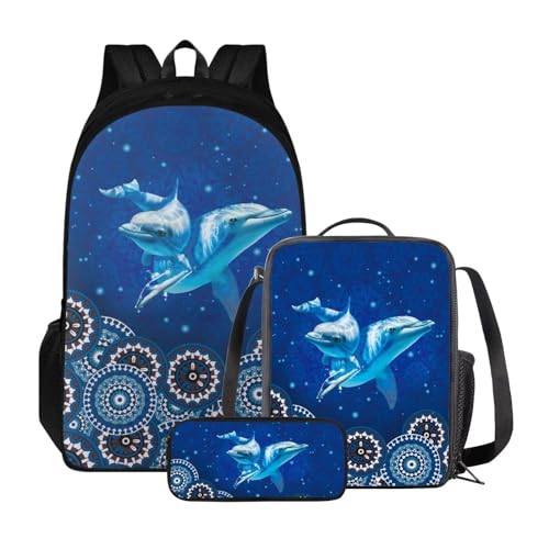 Poceacles Rucksack für Mädchen und Jungen, 3-teiliges Set, Kinderrucksack mit Lunchtasche + Federmäppchen, Schultasche für Grundschule, Boho Mandala Delfin Blau von Poceacles