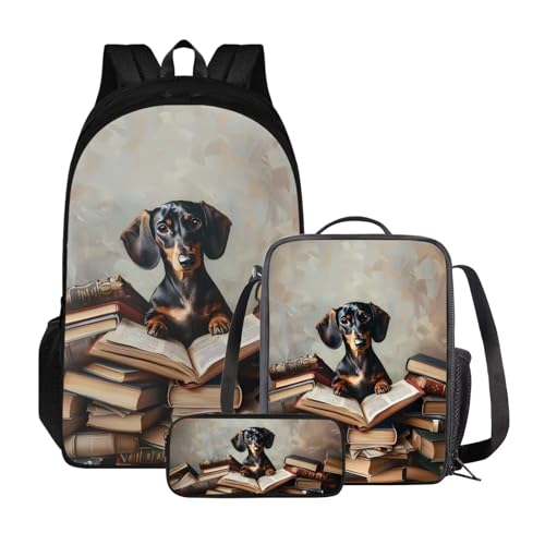 Poceacles Rucksack für Mädchen und Jungen, 3-teiliges Set, Kinderrucksack mit Lunchtasche + Federmäppchen, Schultasche für Grundschule, Dackel-Hundebuch von Poceacles