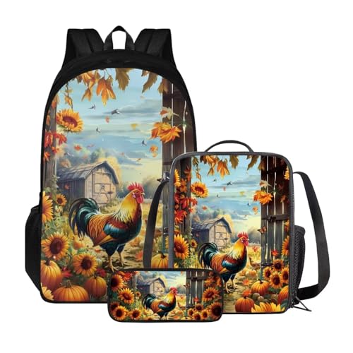 Poceacles Rucksack für Mädchen und Jungen, 3-teiliges Set, Kinderrucksack mit Lunchtasche + Federmäppchen, Schultasche für Grundschule, Hühner-Sonnenblume von Poceacles