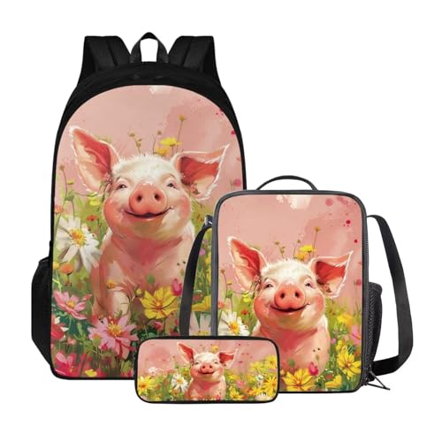 Poceacles Rucksack für Mädchen und Jungen, 3-teiliges Set, Kinderrucksack mit Lunchtasche + Federmäppchen, Schultasche für Grundschule, Schweinchen Gänseblümchen Floral von Poceacles