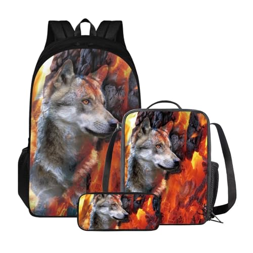 Poceacles Rucksack für Mädchen und Jungen, 3-teiliges Set, Kinderrucksack mit Lunchtasche + Federmäppchen, Schultasche für Grundschule, Wolf Fire von Poceacles