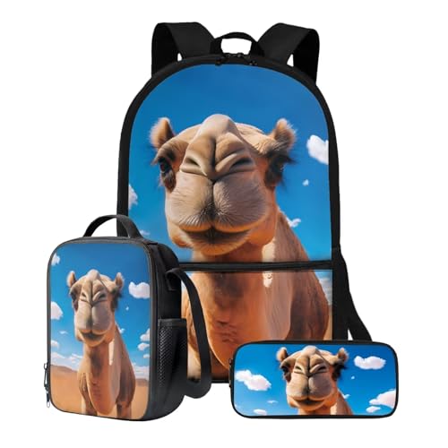 Poceacles Rucksack mit Lunchbox, Federmäppchen, 3-teilig, Schüler-Büchertasche, 43,2 cm, Schultertasche für Kinder 1–6. Klasse, camel, Einheitsgröße von Poceacles