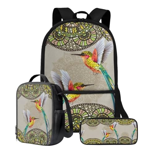 Poceacles Rucksack mit Lunchbox, Schulbüchertasche für Kinder, 3-teiliges Schulranzen-Set für Reisen, Tagesrucksack, Boho-Kolibri, Einheitsgröße von Poceacles