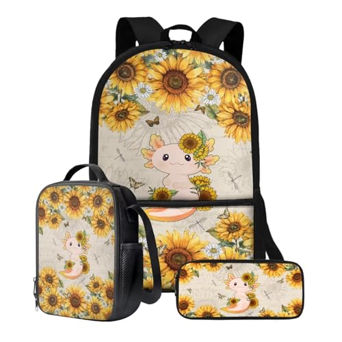 Poceacles Schulrucksack Kinder Schultasche Leichte Schüler-Büchertasche mit Federmäppchen Lunchbox Schulbedarf, Axolotl Sonnenblume, Einheitsgröße von Poceacles