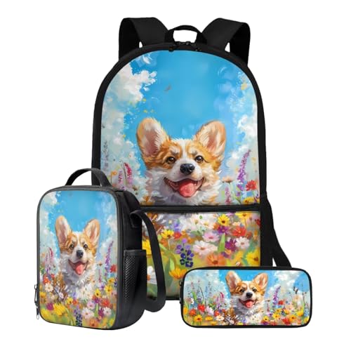 Poceacles Schulrucksack für Kinder, leicht, Schüler-Büchertasche mit Federmäppchen, Lunchbox, Schulbedarf, Corgi Dog Floral, Einheitsgröße von Poceacles