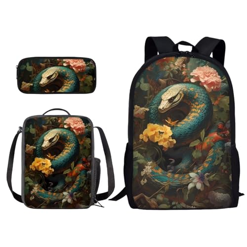 Poceacles Schulrucksack für Teenager, Grundschulstudenten, Schultaschen mit Lunchbox und Federmäppchen, 3 Stück, Schlangenblumen, Einheitsgröße von Poceacles