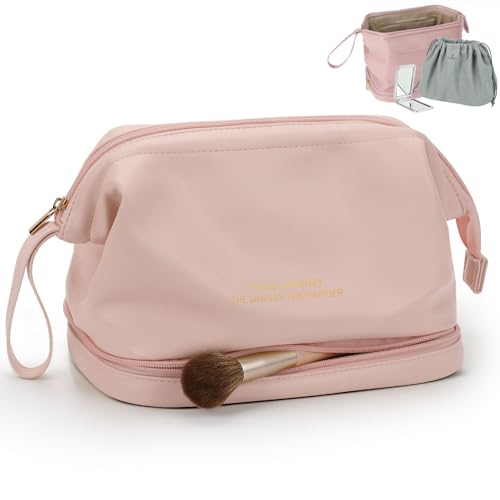 Pocmimut Make-up-Tasche aus Leder, Make-up-Tasche, Kosmetiktasche für Damen, 2-in-1, tragbare Reise-Make-up-Tasche mit Spiegel, groß, doppellagig, Make-up-Pinsel-Taschen, Pink, Large, 1 von Pocmimut