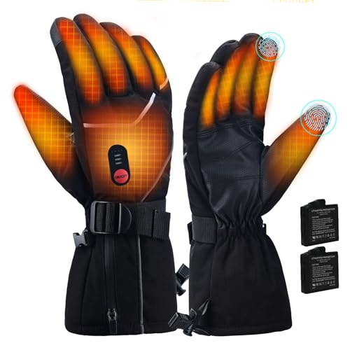 Podazz Beheizbare Handschuhe Herren Damen, 3 Stufige Beheizte Ski Handschuhe mit 7.4V 3000 mAh Batterien,Wasserdicht,Touchscreen für Klettern, Wandern, Radfahren, Camping(Schwarz,L) von Podazz