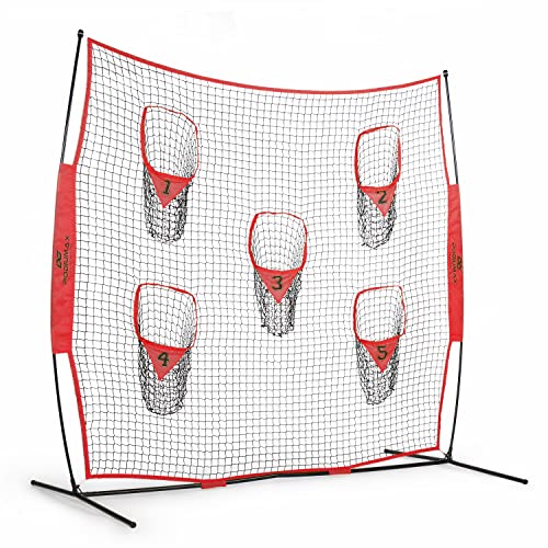 PodiuMax Tragbares Fußballtrainer-Wurfnetz, 2,4 m x 2,4 m, Knotenloses Netz zur Verbesserung der QB-Wurfgenauigkeit mit 5 Zieltaschen, mit Tragetasche (rot) von PodiuMax