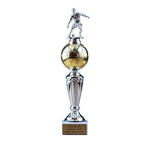 Zelaro Pokal Fußball mit Gravur - Geschenk individuell personalisiert für Frauen und Männer – Torschützenkönig Siegerfigur mit Champion Emblem 31 cm hoch von Zelaro