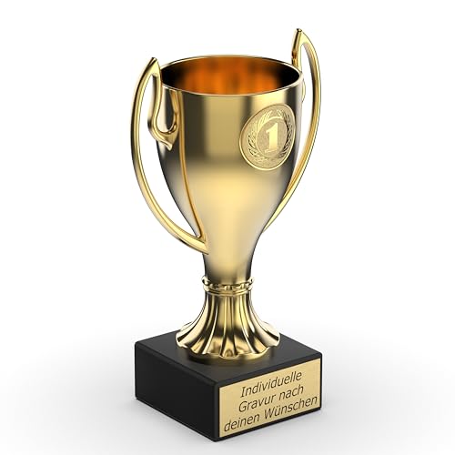 Zelaro Pokal in Gold mit Wunschtext - Trophäe für Kinder - Henkelpokal als Geschenk für Frauen und Männer mit Embleme DREI Größen (16cm) von Zelaro