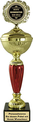 Pokal mit hochwertigen Alu Emblem und Wunschtext auf Sockelschild (Beste Schwester) von Pokalmatador GmbH