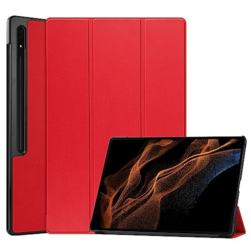 Poo4kark Tablet Hülle für Samsung TAB S9/S9+/S9 Ultra Tablet (2023 veröffentlicht) Magnetische Schutzhülle, Slim PU Schutzhülle mit Stifthalter, Case Cover mit Trifold Stand/Auto (3-Red, S9 Ultra) von Poo4kark