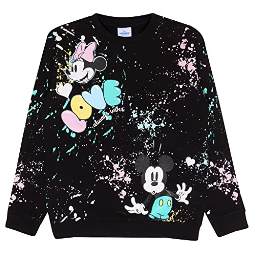 Disney Liebe Mickey-Farbspritzer Crewneck Pullover, Mädchen, 104-170, Schwarz, Offizielle Handelsware von Popgear