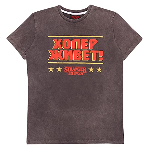 Stranger Things Hopper lebt russischer Text Säurewasch-T Shirt, Mädchen, 164-182, Holzkohle, Offizielle Handelsware von Popgear