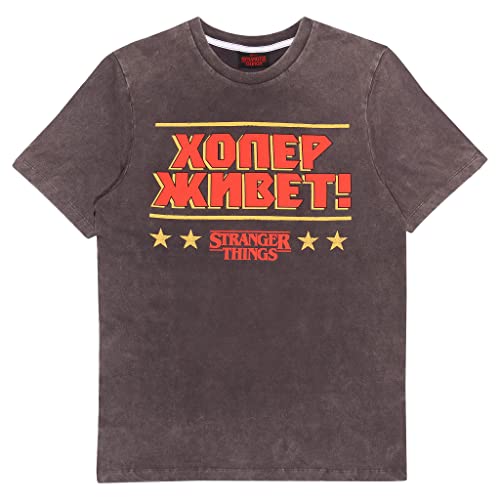 Stranger Things Hopper lebt russischer Text Säurewasch-T Shirt, Adultes, S-5XL, Holzkohle, Offizielle Handelsware von Popgear