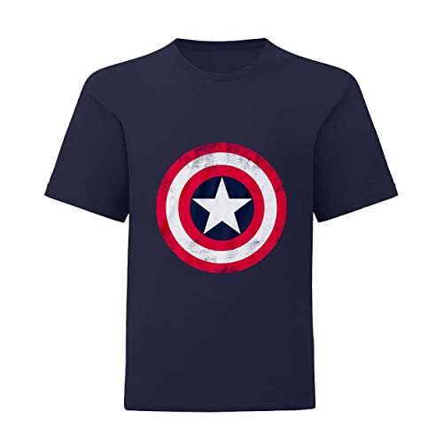 Marvel Avengers Assemble Captain America Distressed Shield T Shirt, Kinder, 104-182, Marine, Offizielle Handelsware von Popgear
