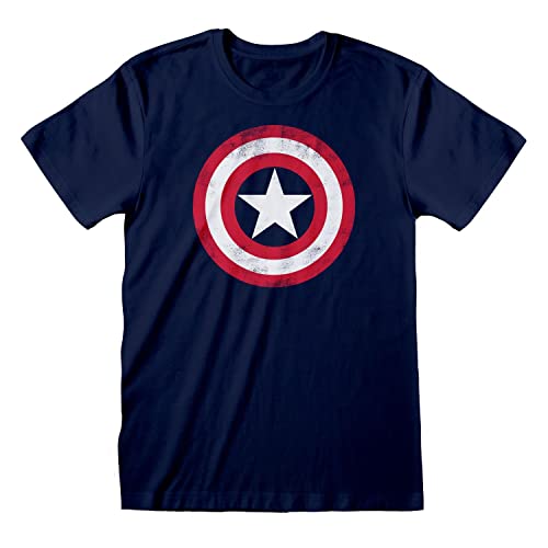 Marvel Avengers Assemble Captain America Distressed Shield T Shirt, Adultes, S-5XL, Marine, Offizielle Handelsware von Popgear
