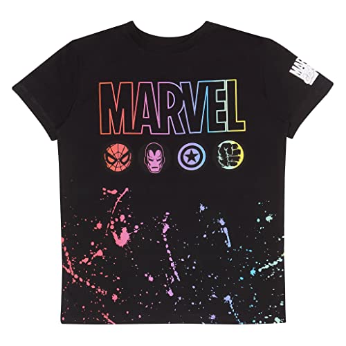 Marvel Comics Paint Splattered Icons T Shirt, Kinder, 104-170, Schwarz, Offizielle Handelsware von Popgear